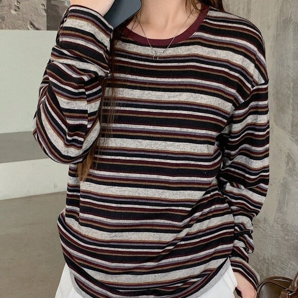 Burgundy Women's Casual Preppy Striped Print Crew Neck T-Shirt - Picture 6 of 8